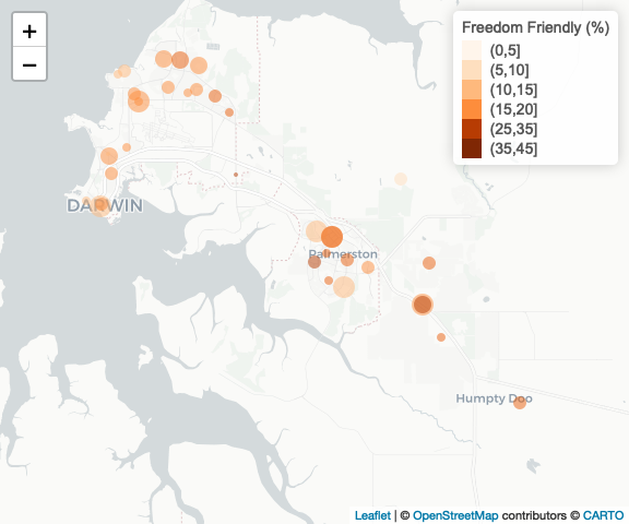 F6. Vote (%) for Freedom Friendly Minor Parties (UAP, PHON, LDP) in Darwin,NT at Polling Places