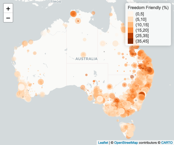 F7. Vote (%) for Freedom Friendly Minor Parties (UAP, PHON, LDP) across Australia at Polling Places